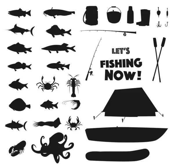 Equipo Deportivo Pesca Peces Animales Mar Conjunto Siluetas Negras Tienda — Archivo Imágenes Vectoriales