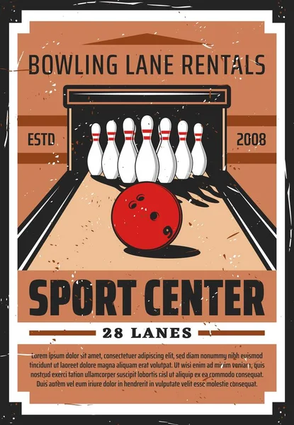 Bowling Σοκάκι Skittles Και Μπάλα Αθλητισμού Ρετρό Αφίσα Αναψυχή Παιχνίδι — Διανυσματικό Αρχείο