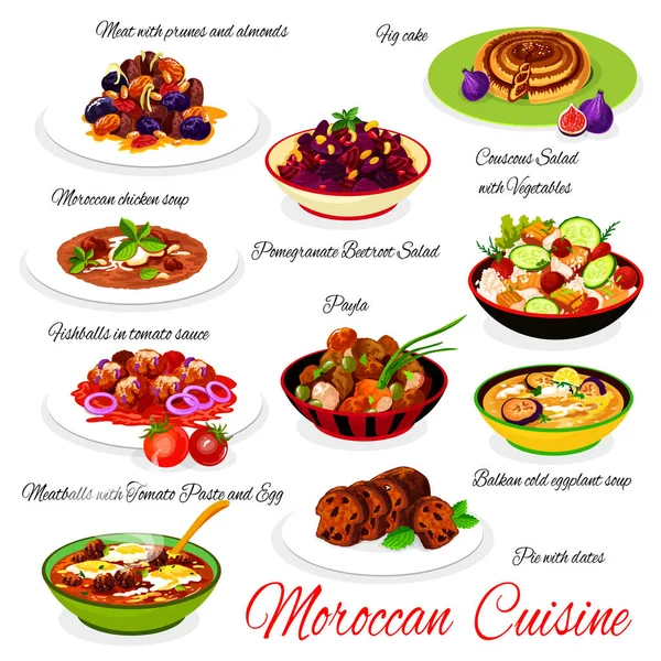 モロッコ料理伝統料理チキンスープ 野菜のクスクスサラダ イチジクのケーキ プルーンとアーモンドの肉 ソースと魚のボール トマトペーストと卵のミートボール ベクターイラスト — ストックベクタ