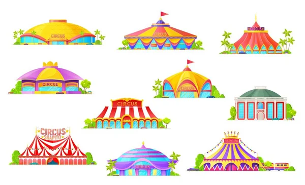 Grandes Carpas Circo Iconos Aislados Construcción Dibujos Animados Carnaval Marquesinas — Vector de stock