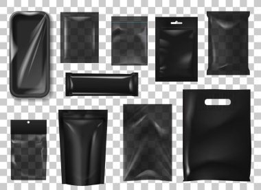 Siyah deste gerçekçi model seti. 3d izole vektör kesesi ya da folyo kağıdı, plastik poşetler, şarjörlü köpek paketleri. Gıda, kozmetik paketi maket, plastik ambalaj filmiyle hikaye köpüğü tepsisi, bar