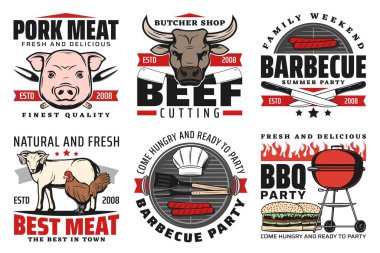 Barbekü eti, bbq ikonları, domuz eti, tavuk, koyun eti ve ızgarada sığır eti sosisi ile izole edilmiş vektör işaretleri. Barbekü partisi sembolleri, hamburger, kasap şapkası, mangal makinesi çatalı, fast food.