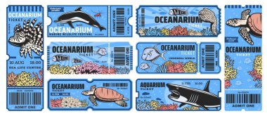 Oceanarium park biletleri, deniz altı hayvanlarının köpek balığı, melek balığı, aslan balığı, yunus ve kaplumbağa, moray yılan balığı ve karides, mercan. Vektör kesme satırlı bilet şablonunu kabul et