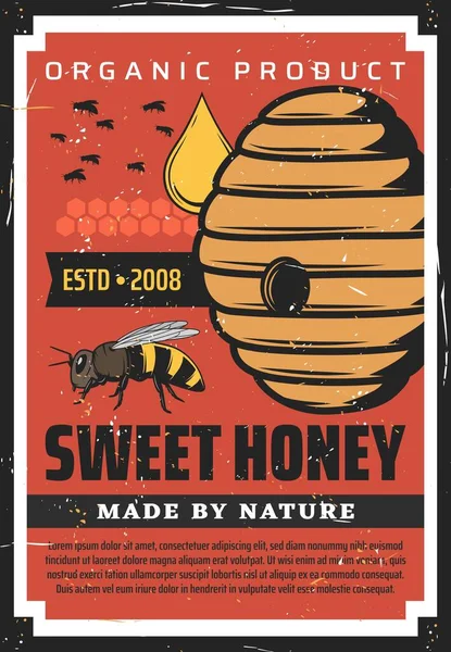 蜂が巣に飛んでレトロなポスターを養蜂 自然によって作られた自然農場の生産 蜂の巣で蜂蜜ドロップ秋 ベクトル有機栽培 アピール製品ヴィンテージグランジ広告 — ストックベクタ