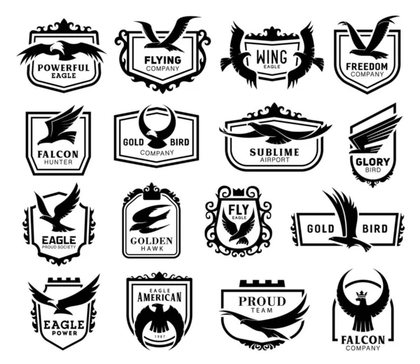 Eagles Hawks Kites Falcons Coat Arms Black Silhouettes Icons Set — Stock Vector