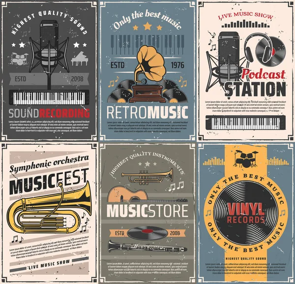 Carteles Retro Grabación Música Sonido Tarjetas Vintage Vectoriales Con Gramófono — Archivo Imágenes Vectoriales