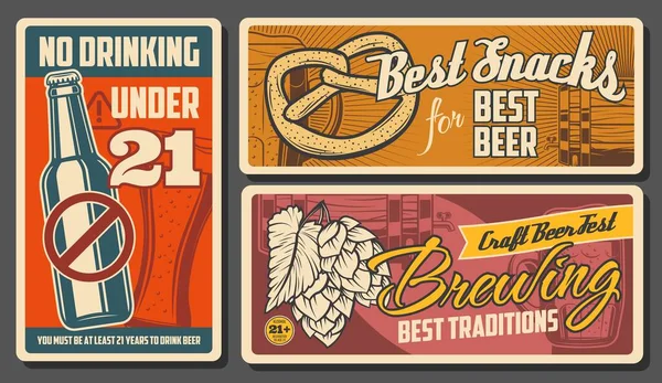 Рекламные Плакаты Пивом Закусками Крендельки Бочка Ремесленного Пива Хмелевые Листья — стоковый вектор