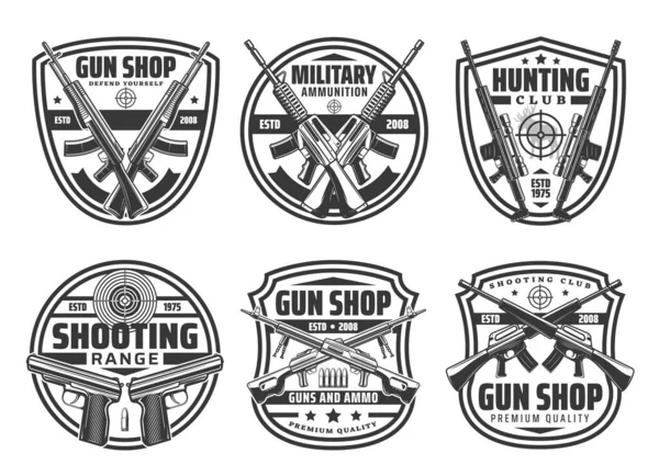 Dükkan Silahlarının Sembolleri Tüfek Tabancalar Cephane Vektör Deposu Kulübü Ekipmanları — Stok Vektör