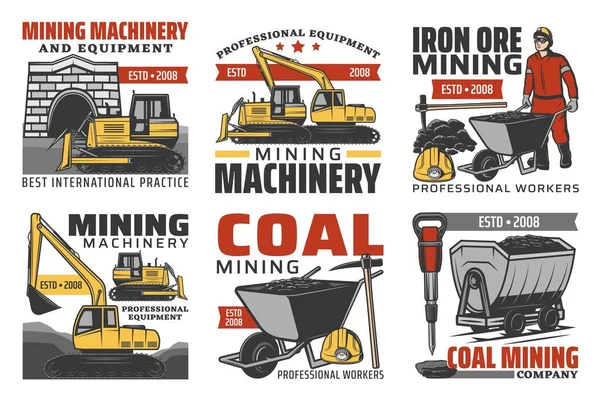 Serie Icone Vettoriali Isolate Dell Industria Mineraria Produzione Carbone Attrezzature — Vettoriale Stock