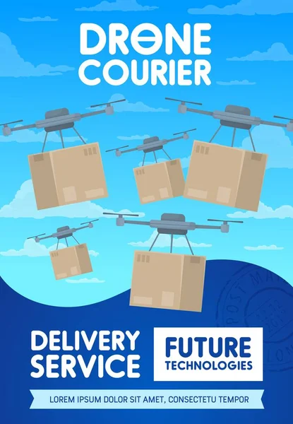 ドローン配送と配送サービスのポスター 漫画ベクトルコッパーは小包ボックス無料パッケージで空を飛ぶ 将来の技術 エクスプレス配達ドローン宅配便航空ポスト貨物輸送 — ストックベクタ