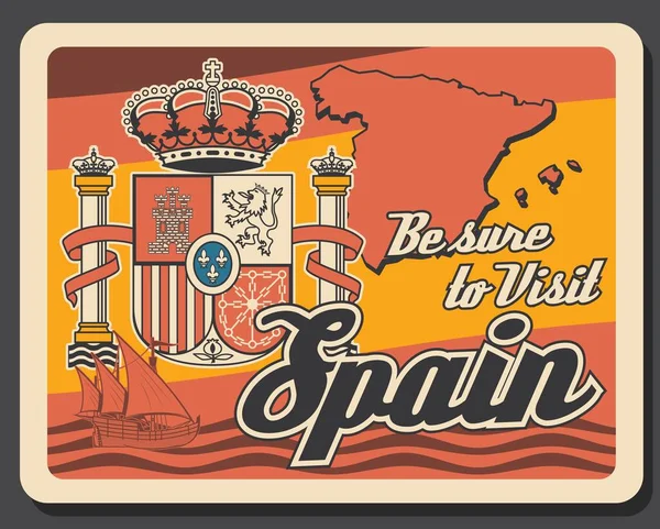 Voyage Espagne Affiche Rétro Avec Carte Armoiries Aux Couleurs Drapeau — Image vectorielle