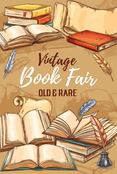 Antique Shop Vintage Books Fair Bookshop Sketch Poster Vector Literature — Stock Vector