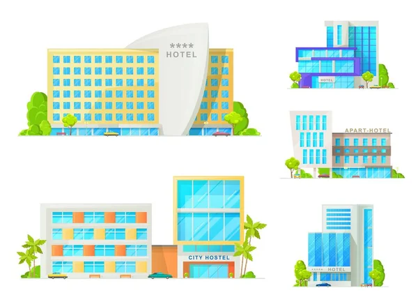 Hotel and motel buildings architecture isolated icons. Luxury apart hotel, city hostel apartments, resort with glass facade, parked cars and palm trees. Cartoon vector hotel buildings