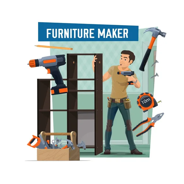 Furniture Maker Profession Service Handyman Assembly Furniture Cartoon Vector Worker — Stock Vector