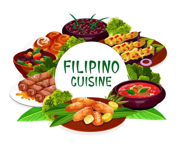 Cocina Filipina Comida Asiática Restaurante Platos Redondos Marco Bulto Con — Vector de stock