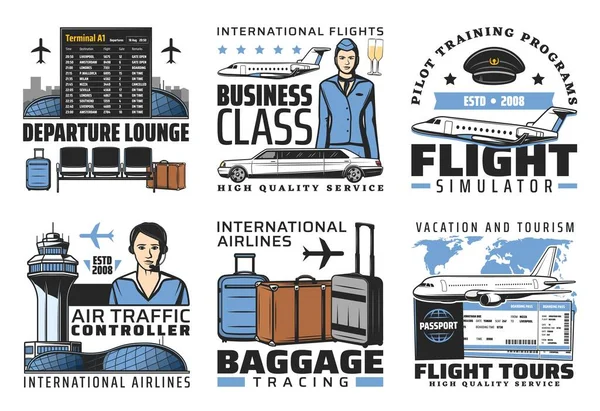 Airport Aviation Flight Service Vector Icons International Airlines Baggage Tracing — Stock Vector