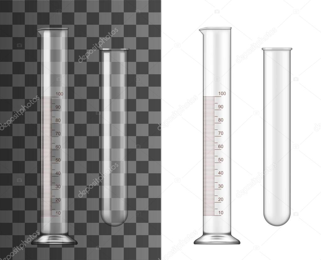 Glass test tubes, chemistry realistic flasks isolated 3d vector. Transparent empty glassware with capacity volume measure lines for chemical or medical laboratory, test tubes template, icon