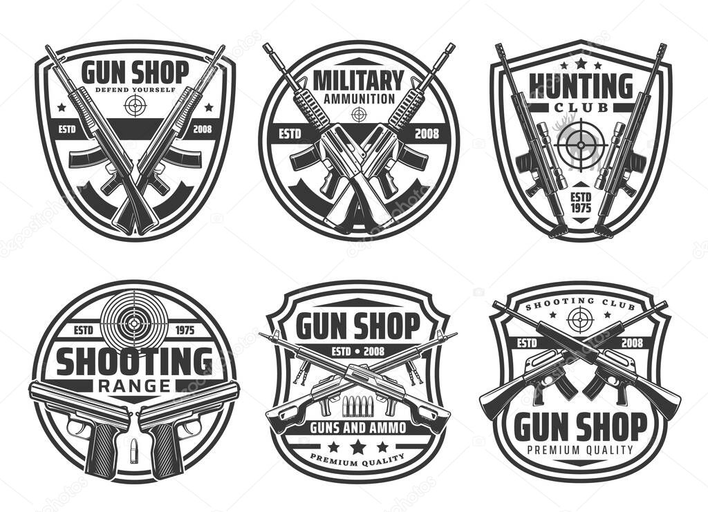 Shop gun heraldic icons set, rifles and handguns hunting ammo, vector store and hunt club equipment. Military ammunition, shotguns, revolvers, aims and targets, bullets. Self protection and defence