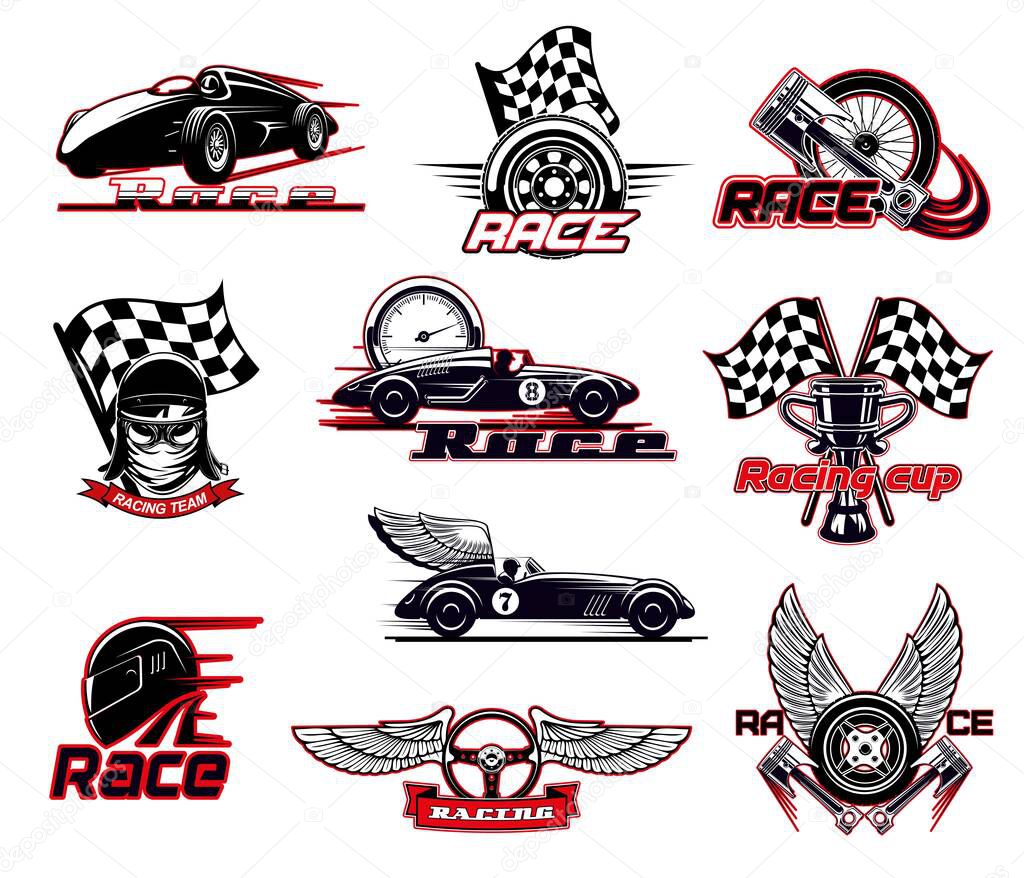 Car race, motor racing isolated vector icons set. Motorsport and racing sport club emblems. Sportcar bolid with burning flame and wings, speedometer and engine valve, rally race start flag