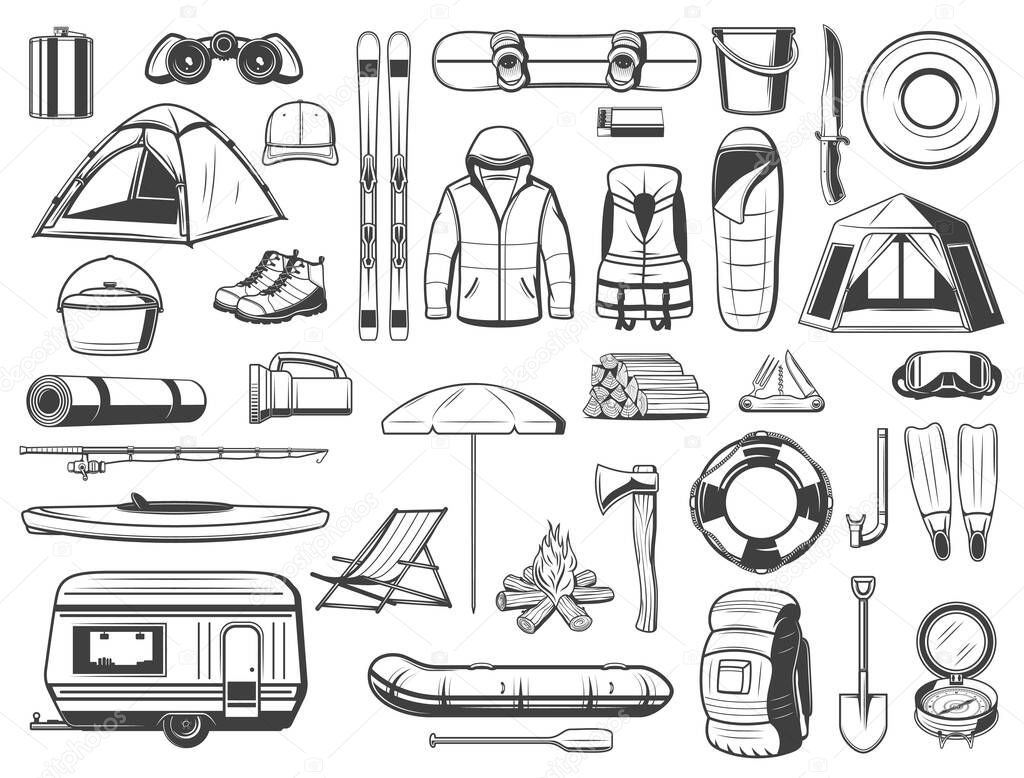Travel tourism equipment isolated vector icons set. Fishing, hiking and camping tools snowboard and skis, travel trailer and tent, axe, boat, backpack and fishery gear, campfire and sleeping bag, van