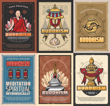 Budizm dini retro posterleri. Vektör Budist sembolik stupa, lotus duruşu içinde Tibetli keşiş, dua tekerlekleri ve bayrak, sazan balığı ve değerli şemsiye. Dharma çarkı, hazine vazosu.