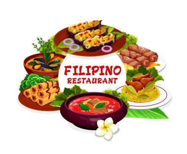 Filipin mutfağı yemekleri yuvarlak çerçeveli. Et, patlıcan, bicolar ekspres, lumpia, hindistan cevizi soslu midye, pochero çorbası veya tavuklu adobo. Ulusal Mutfak