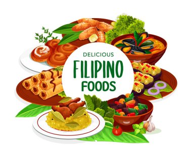 Filipinli Asya mutfağı, bulaşık çerçevesi. Et, patlıcan, bicolar ekspres, hindistan cevizi soslu Filipin lumpiası ve midye, tavuklu adobo ve ensaimada vektör yuvarlak çerçeveli.