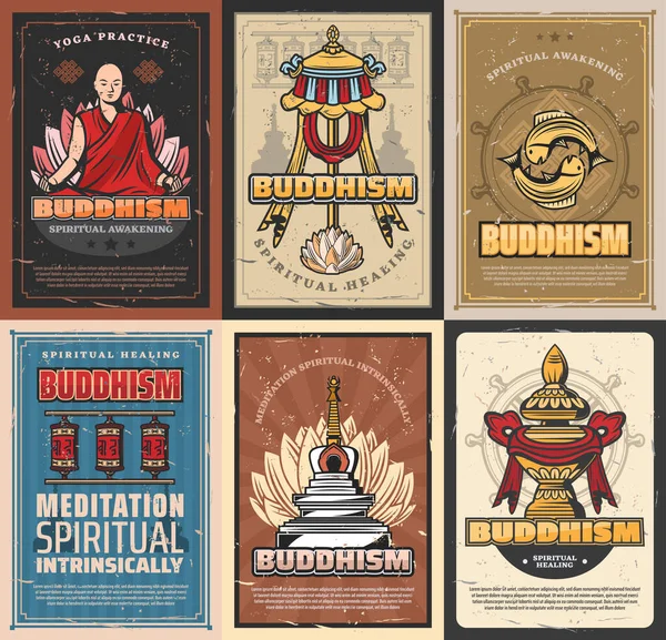 Boeddhisme Religie Retro Posters Vector Boeddhistische Symbolische Stoepa Tibetiaanse Monnik — Stockvector