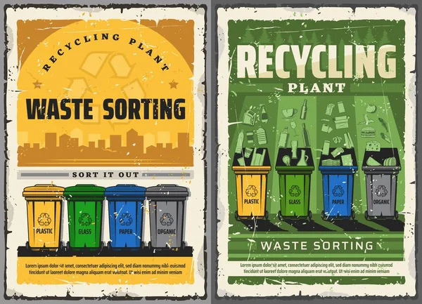 废物分类和垃圾回收回收海报 病媒垃圾箱进行垃圾分类 塑料和有机垃圾生物垃圾回收处理容器 生态保护 — 图库矢量图片