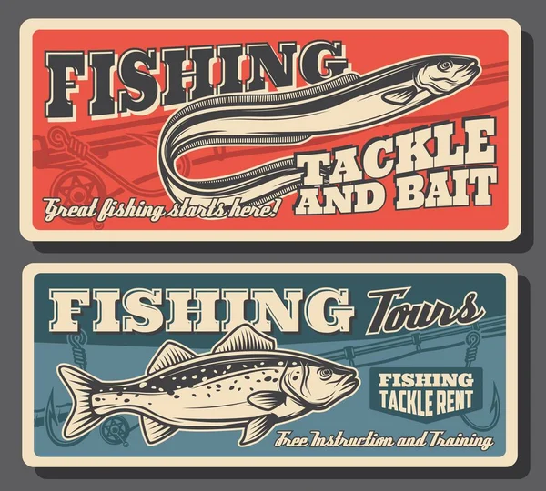 Rybaření Sport Mořčák Úhoř Ryby Řešení Návnada Plakáty Rybářské Vybavení — Stockový vektor