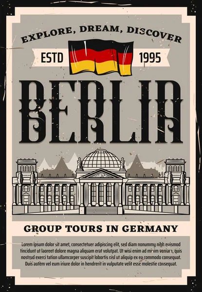 Germany Reichstag Travel Landmark Vector Retro Poster Bundestag Building National — Stock Vector