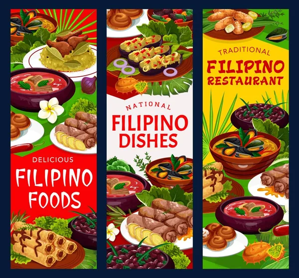 Filipino Cuisine Food Traditional Dishes Banners Design Restaurant Menu Meat — Stock Vector