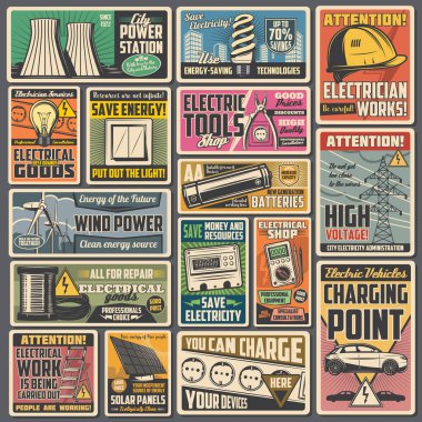 Elektrik ya da enerji vektörü elektrik teçhizatı retro pankartları. Güneş paneli, rüzgar türbinleri ve güç istasyonu, pil, ampul, prize ve soket, multimetre, elektrik sayacı, elektrikli araba
