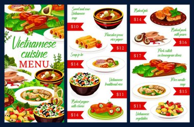 Vietnamese cuisine restaurant menu with meat and fish dishes. Vector vegetable rice, beef pho bo, noodle and sweet sour soups, grilled cutlets, baked pork, stuffed pepper with cheese, pancakes clipart