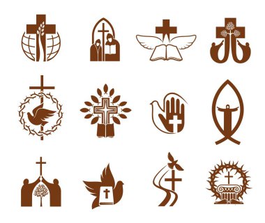 Haçlı Hristiyan dini ikonları, İsa ve İncil, güvercinler ve dualar, melek, dua eden el ve haç, balık, dikenli taç ve ağaçlar. Katoliklik, Ortodoks Hıristiyanlık teması