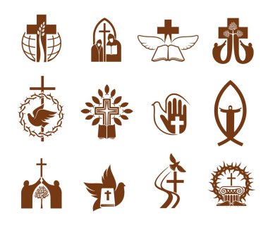 Christian religion vector icons with crosses, Jesus and bibles, doves, priest and prayers, angel, praying hand and crucifix, fish, crown of thorns and trees. Catholicism, orthodox christianity themes clipart