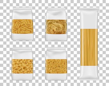 İtalyan makarna paketi maketleri. Açık pencereli folyo ya da plastik torbalar gerçekçi vektör İtalyan makarna, spagetti ve farfalle paketleri, penne, dirsek ve tagliatelle paketleri