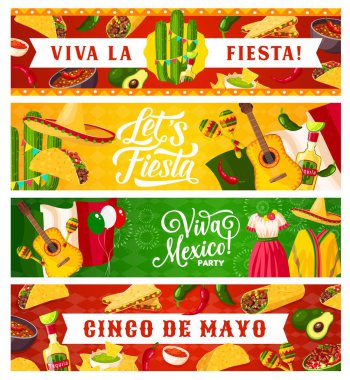 Cinco de Mayo ve Viva Mexico vektörü Meksika bayram afişleri. Sombrero şapkaları, kırmızı biberler, marakalar ve kaktüsler, fiesta mariachi gitarları, Meksika bayrağı, nacho, tekila ve taco.