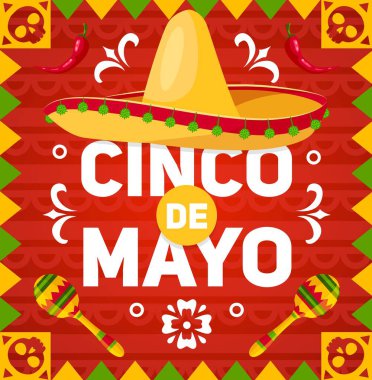 Cinco de Mayo Tatil Meksika şapkası ve marakas. Meksika fiesta şapkası, kırmızı biber ve marakas Meksika süslemeleri çerçevesinde ve calavera kafatasları, kırmızı, sarı ve yeşil geometrik desenli
