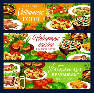 Vietnam mutfağı yemek afişleri. Pirinçli Asya restoranı sebzeleri, fırında balık ve ızgara et pirzolası, sığır eti, erişte ve mantar çorbası, krep ruloları ve peynirli doldurulmuş biber.