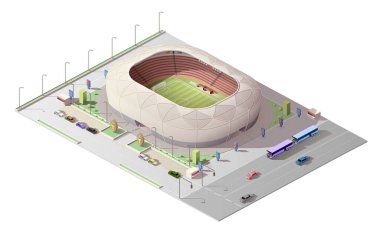 Stadyum izometrik 3D bina. Vector futbolu, futbol ve beyzbol, kriket veya rugby stadyumu oyun alanı, tribünler ve kapılar, koşu pistleri, araba parkı ve yol parkı olan.