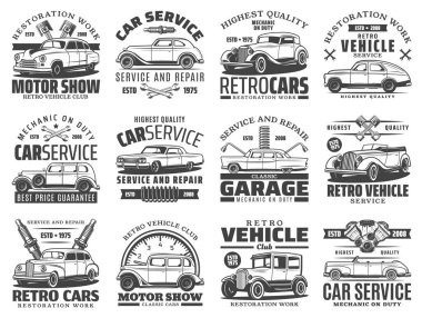 Car service of retro vehicle vector icons of auto repair and mechanic garage design. Vintage cars with spare parts and tools, engine piston, spanner and wrench, spark plug, speedometer and suspension clipart