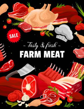 Sığır eti, domuz eti, jambon ve hindi eti. Vektör biftekler, pastırma şeritleri ve jambon, tavuk budu, hindi ve kuzu filetosu, dana eti, dana eti, kasap bıçağı, baharatlar ve otlar. Kasap dükkanı ürünleri