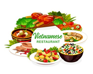 Vietnam lokantası ikonu biftek pho bo ve Asya pilavı ve sebzeli mantar erişte çorbası. Peynirle doldurulmuş vektör biberler, limon otlarının üzerinde ızgara pirzola ve armutla pişirilmiş domuz eti.