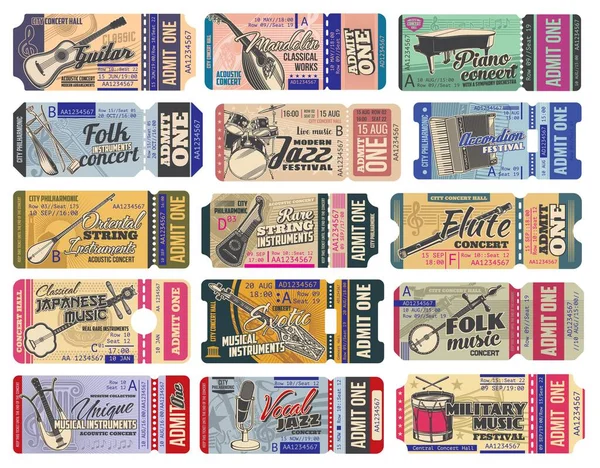 Müzik konseri bileti vektör müzik aletleri, mikrofonlar ve notalar. Müzik etkinliği, parti, festival ve canlı gösteri giriş kartı. Gitar, piyano ve davul, flüt ve mandolinle modeller.