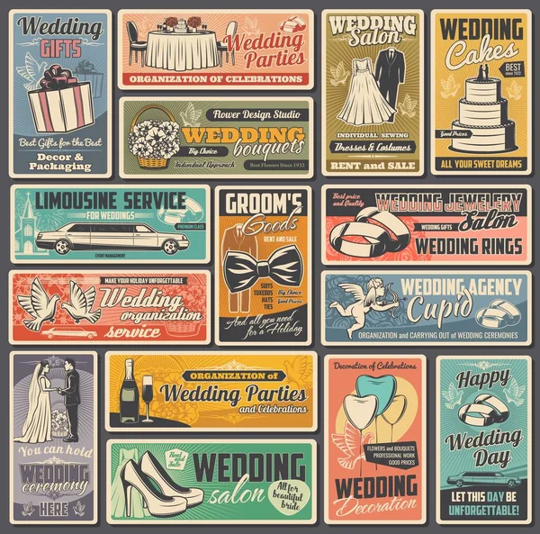 Свадьба Церемония Бракосочетания Винтажные Векторные Плакаты Невеста Жених Кольца Подарки — стоковый вектор