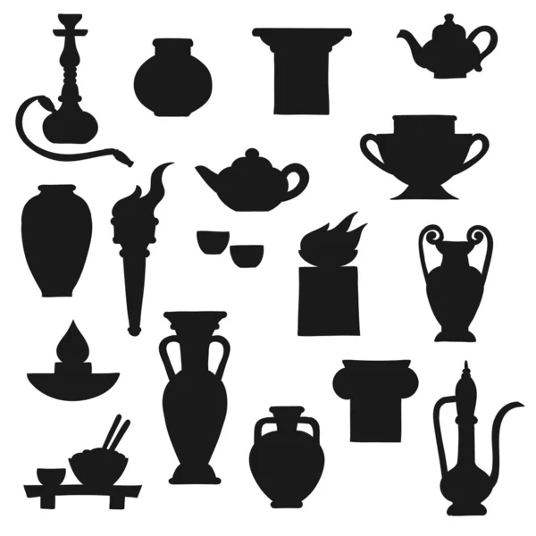 古代陶器矢量黑色轮廓希腊安布拉 中国花瓶和印度油灯 古董陶瓷茶壶 铜壶和火盆 盘子和钩子管 柱子和罐子 — 图库矢量图片