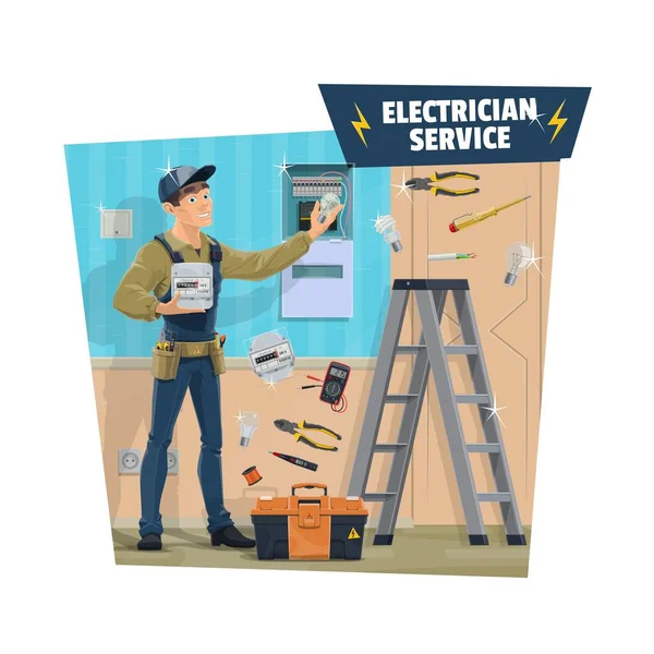 Travailleur Électricien Avec Outils Travail Matériel Électrique Ingénieur Électricien Technicien — Image vectorielle