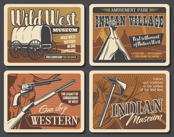 Cowboy Western Selvaggio Indiani Vettori Poster Retrò Storia Dei Nativi — Vettoriale Stock