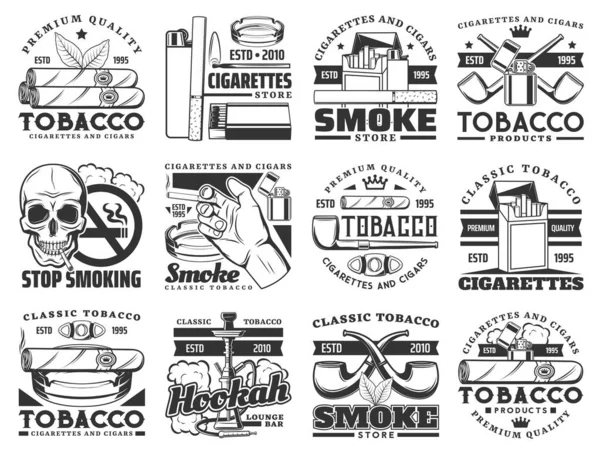 Zigaretten Tabak Und Zigarrenvektorsymbole Zigarettenschachteln Aschenbecher Und Pfeife Wasserpfeife Feuerzeug — Stockvektor